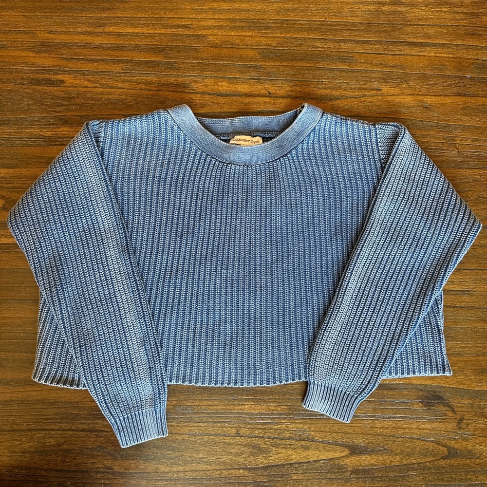 Coldwater Creek 100% Cotton Denim Blue Ribbed Knit Crewneck Cropped Sweater